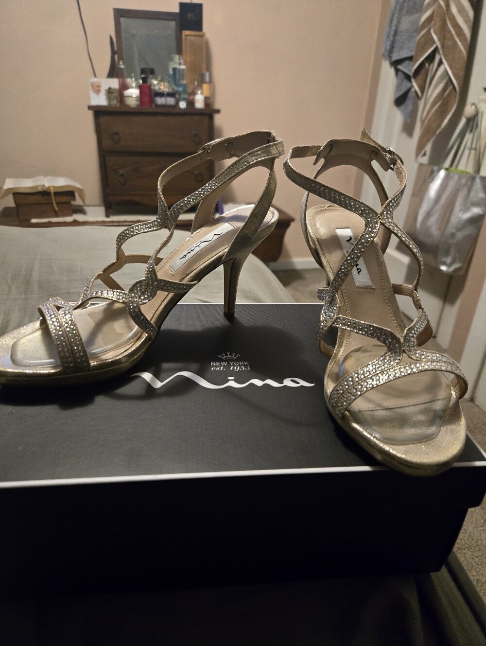 Nina Metallic Gold Rhinestone Strappy Stiletto Sandals